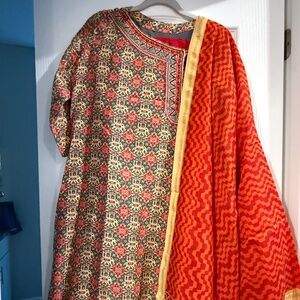 Grey & Red Printed Suit Set + Orange Zigzag Dupatta (Gently Worn)